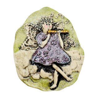 Fairy Playing The Flute Sitting on Stone Wall Artisan Made Molded Clay Signed Br